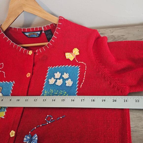 Vintage Granny Cardigan Women Large Shaver Lake Red Picnic Embroidered 3D Preppy - Picture 9 of 10